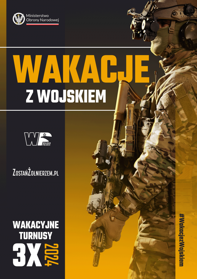 Plakat promujący wydarzenie wakacje z wojskiem, żołnierz ubrany w moro