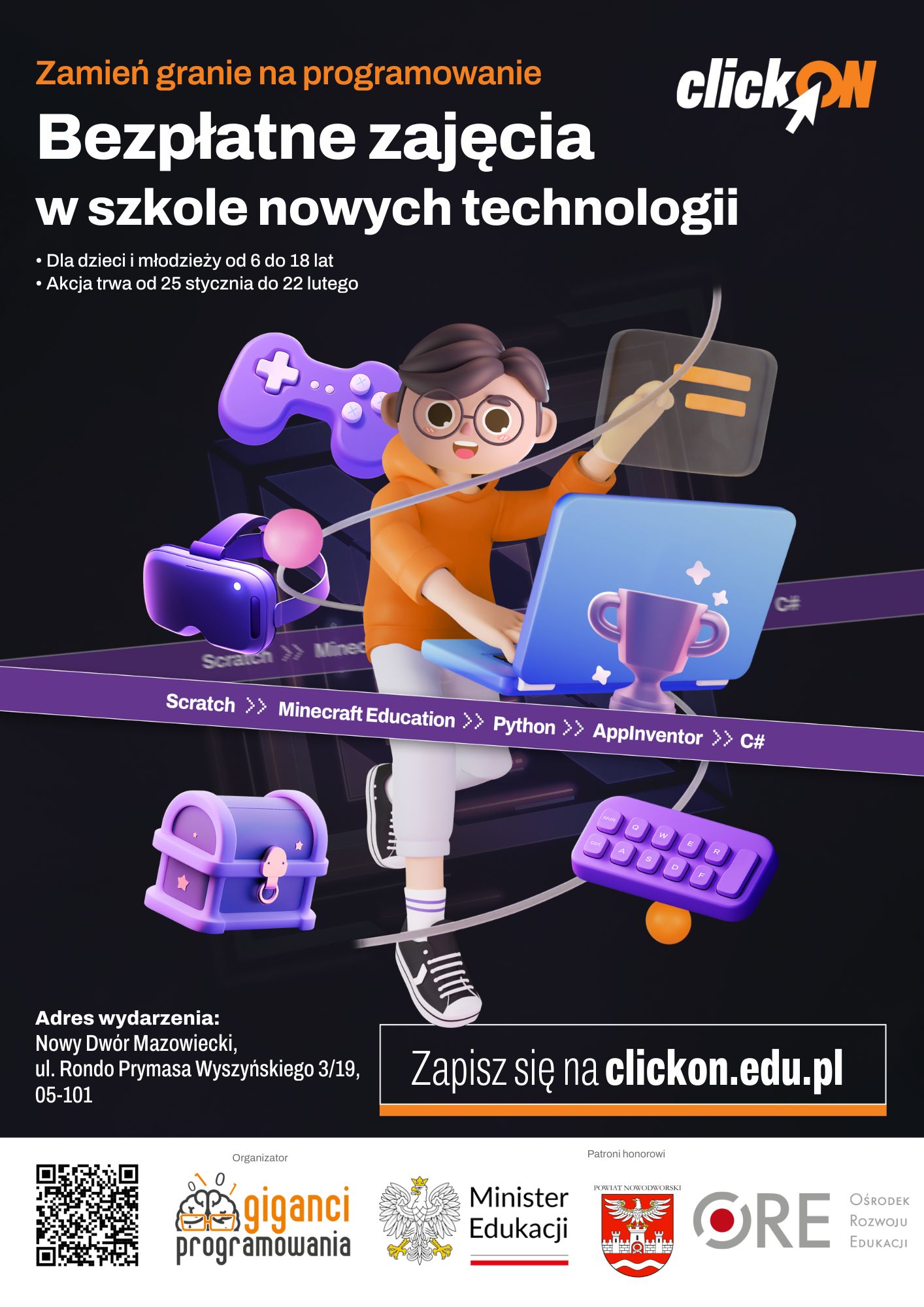 Zmień granie na programowanie - projekt Gigantów Programowania z patronatem Starosty Nowodworskiego Magdaleny Biernackiej!