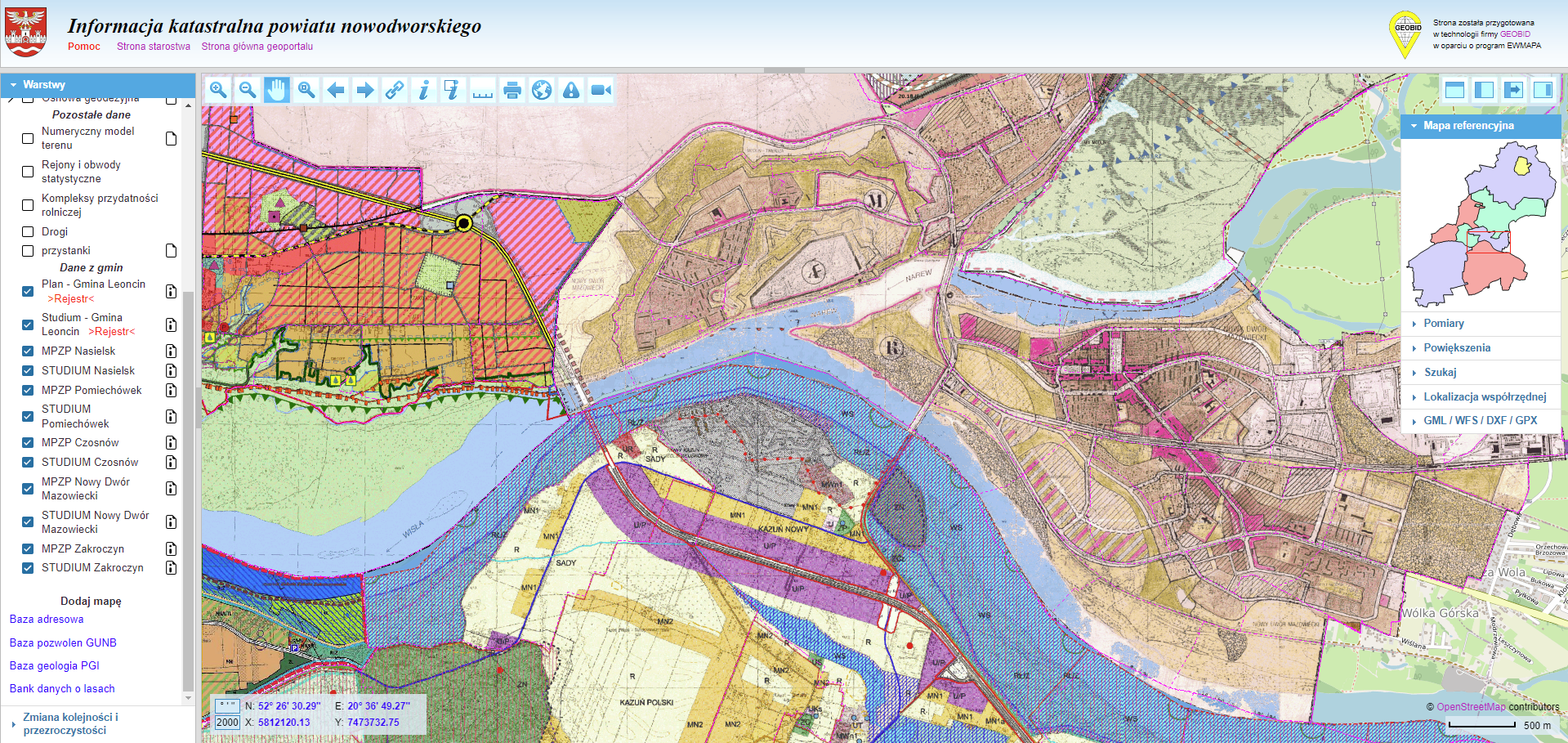 zrzut ekranu z portalu Geoportalu powiatu nowodworskiego