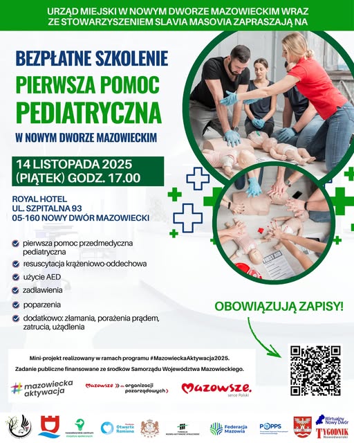 plakat promujący bezpłatne szkolenie z pierwszej pomocy pediatrycznej w Nowym Dworze Mazowieckim