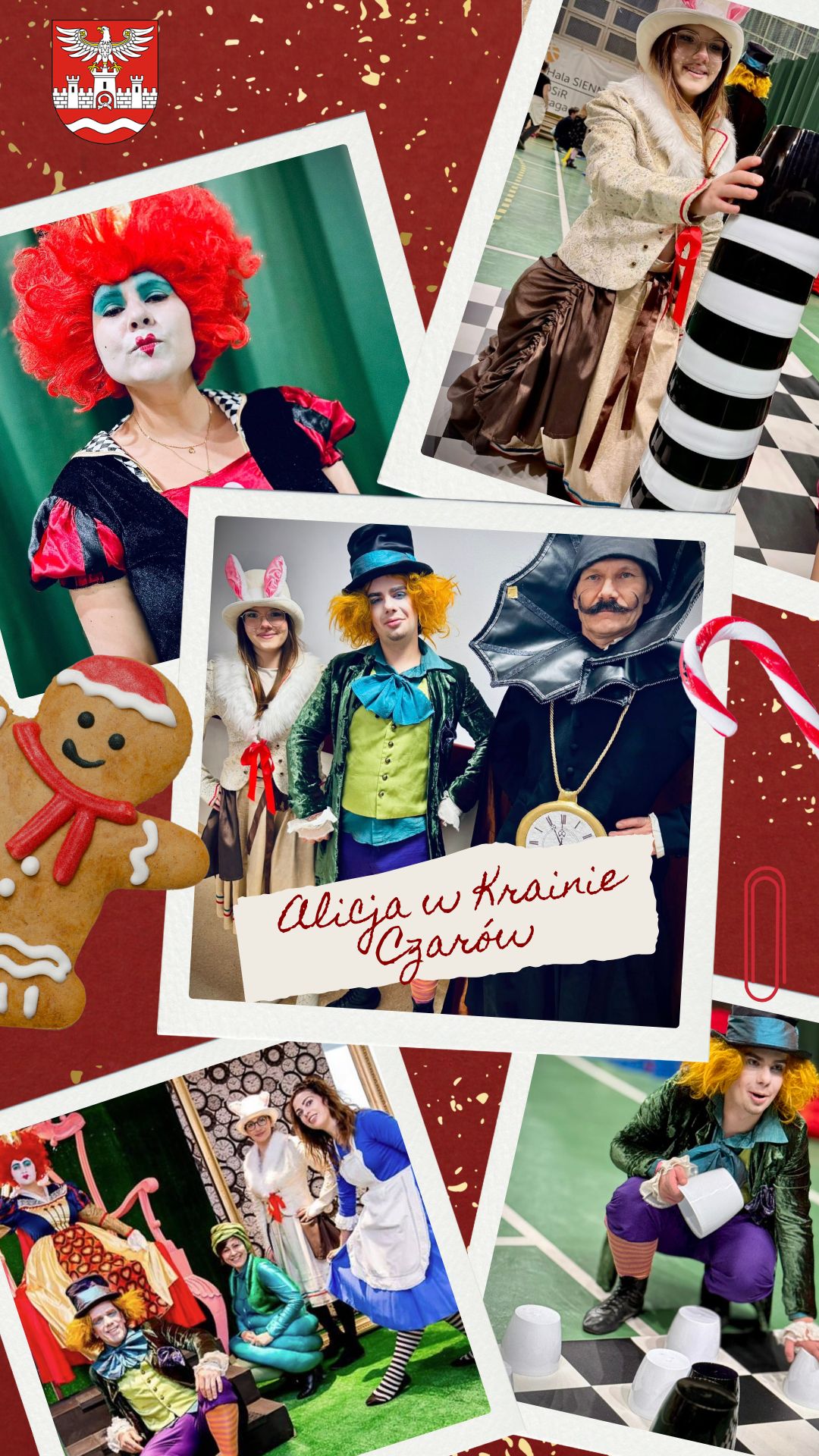 plakat, zdjęcia dotyczące Alicji w Krainie Czarów podczas spotkania świątecznego
